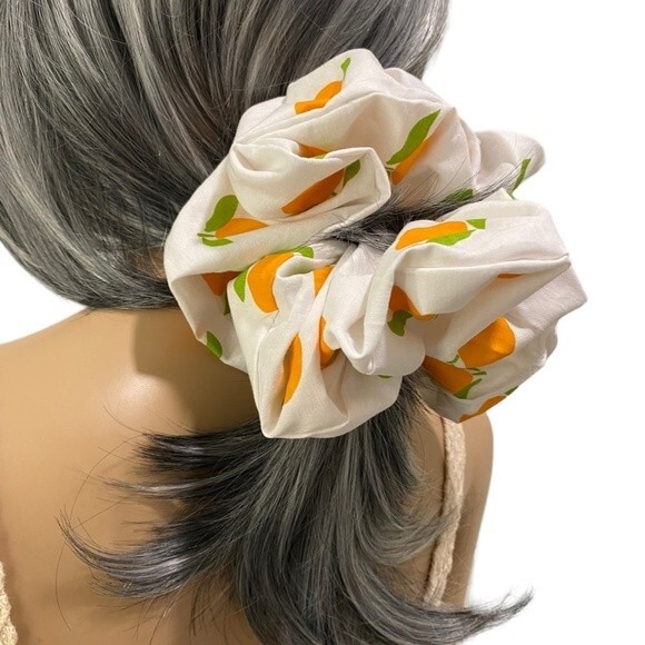 Hair Scrunchie. Multicolor. XL. Orange Fruit Print. Resortwear. Tropical. Cute. - Picture 2 of 9